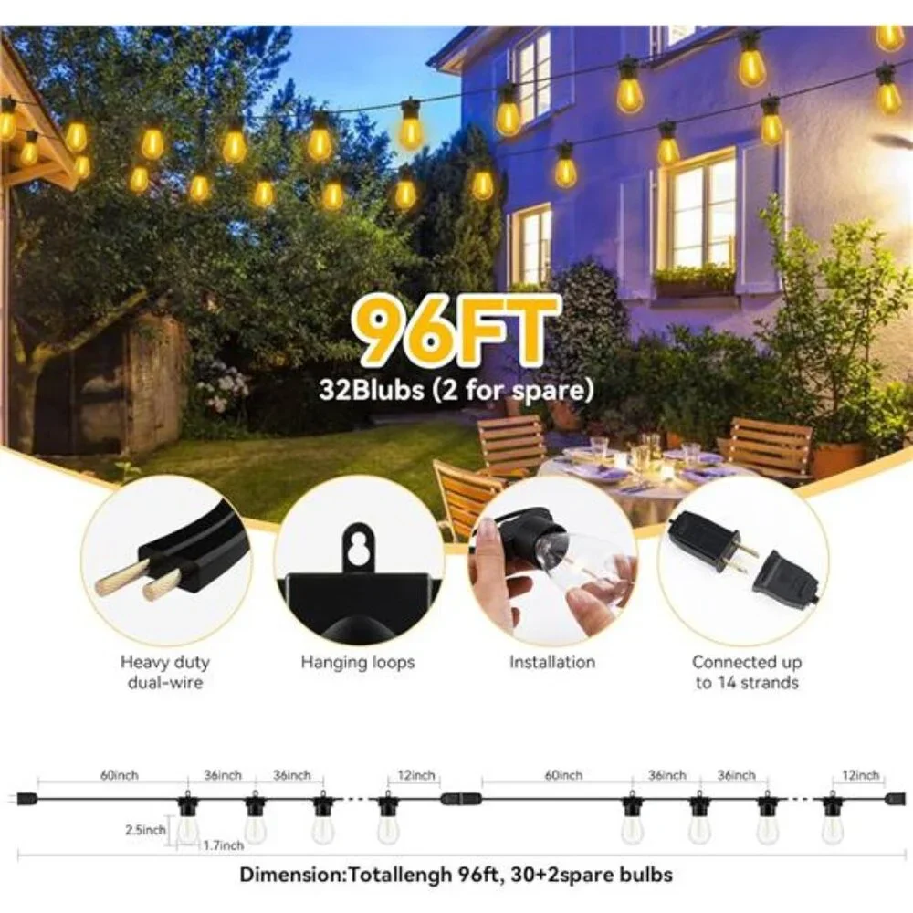 96FT(48FTx2) LED Outdoor String Lights Outside Patio Yard Lighting Waterproof
